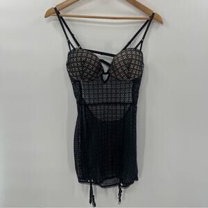 Victoria’s Secret Lace Push Up Black Over Nude Gartered Lingerie Nighty Size 34C